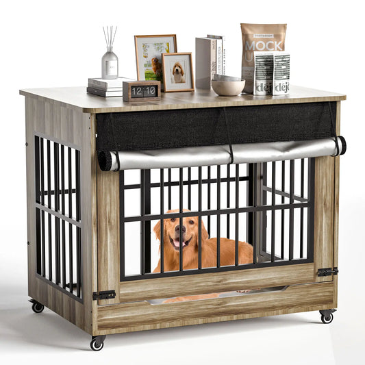 42" Heavy Duty Indestructible Wooden Dog Crate with Wheels – Double Door Indoor Pet Kennel, Lift-And-Push Front Door, Reinforced Steel Bars for Large Breed Dogs