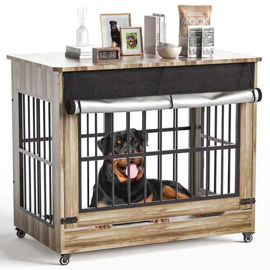 46" Heavy Duty Indestructible Wooden Dog Crate with Wheels – Double Door Indoor Pet Kennel, Lift-And-Push Front Door, Reinforced Steel Bars for Extra Large Breed Dogs