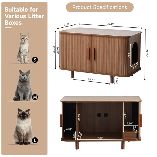 Giratree Modern Cat Litter Box Enclosure with Sliding Door, 35.5" Wooden Cabinet in Walnut Finish, Stylish Furniture for Living Room