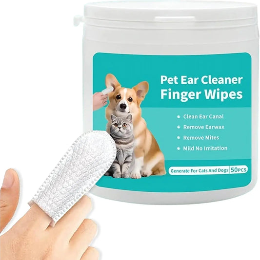 Ear Cleaning Wipes for Dogs and Cats - Comfortable Finger Design for Gentle Removal of Ear Wax, Debris, and Dirt | 50-Count Pack